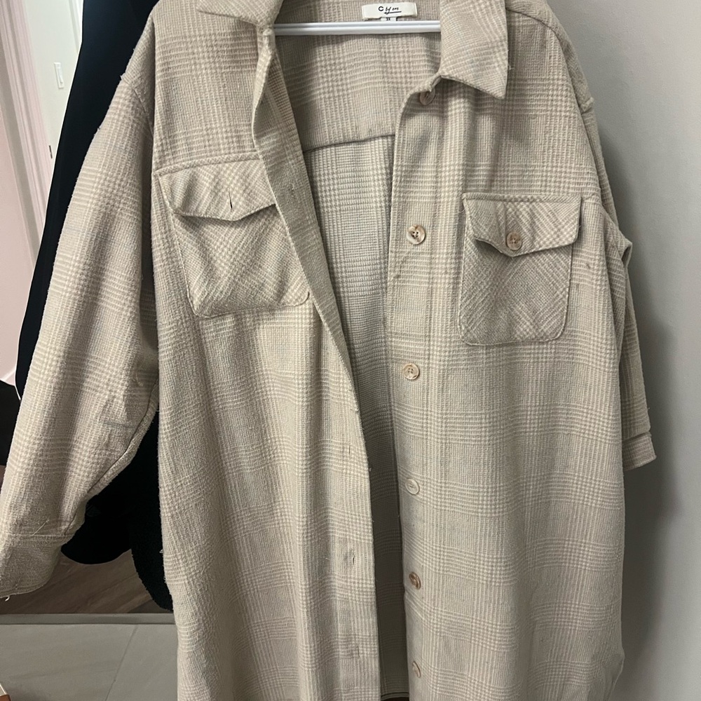 Plaid Beige Button-Up Shirt Jacket